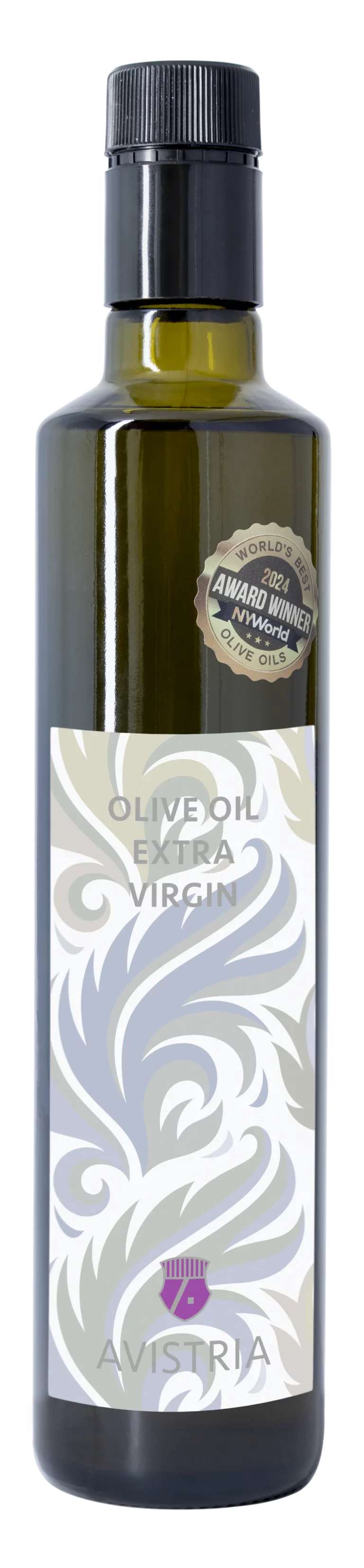 Grüne Olivenölflasche mit eleganter, geschwungener Etikette in Weiß und Silber, verziert mit einem lilafarbenen Logo.