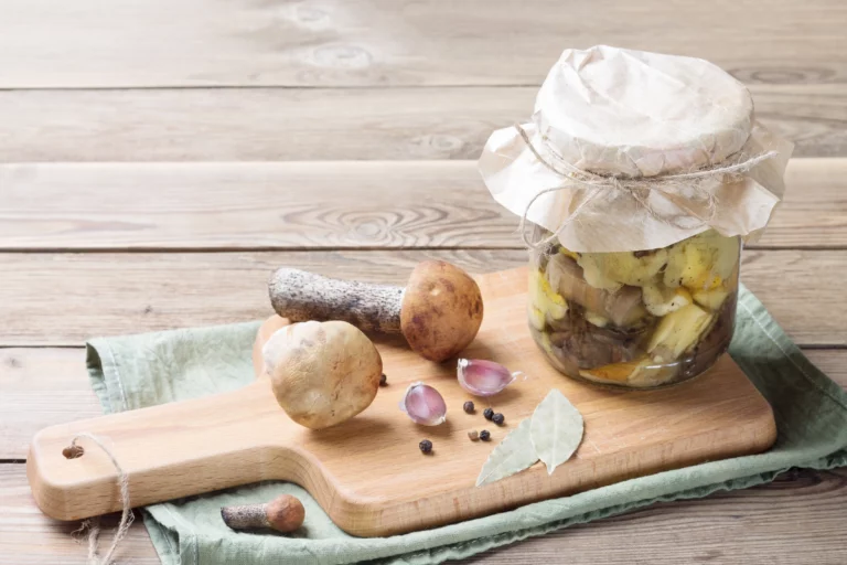 Pilze, Knoblauch, Pfeffer und Lorbeer sowie ein Glas mit eingelegten Porcini auf einem Holzbrett