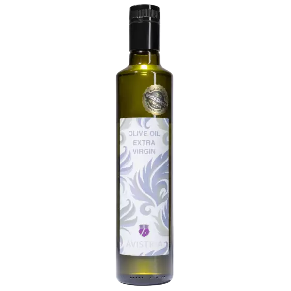 Grüne Flasche mit etikettiertem, dekorativem Muster. Auf dem Etikett steht "Olive Oil Extra Virgin", gekrönt mit einem Qualitätssiegel.