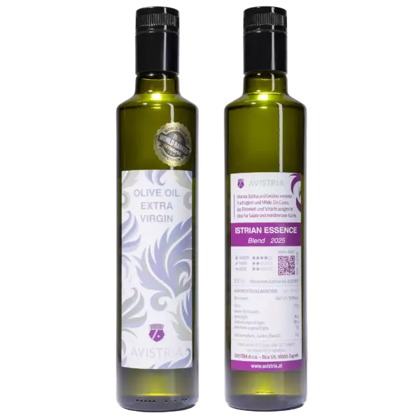 Grüne Flasche mit goldener Kappe, vorn dekoratives Etikett in Blau und Weiß für "Olivenöl Extra Virgin", hinten umfangreiche Nährwertinformationen.
