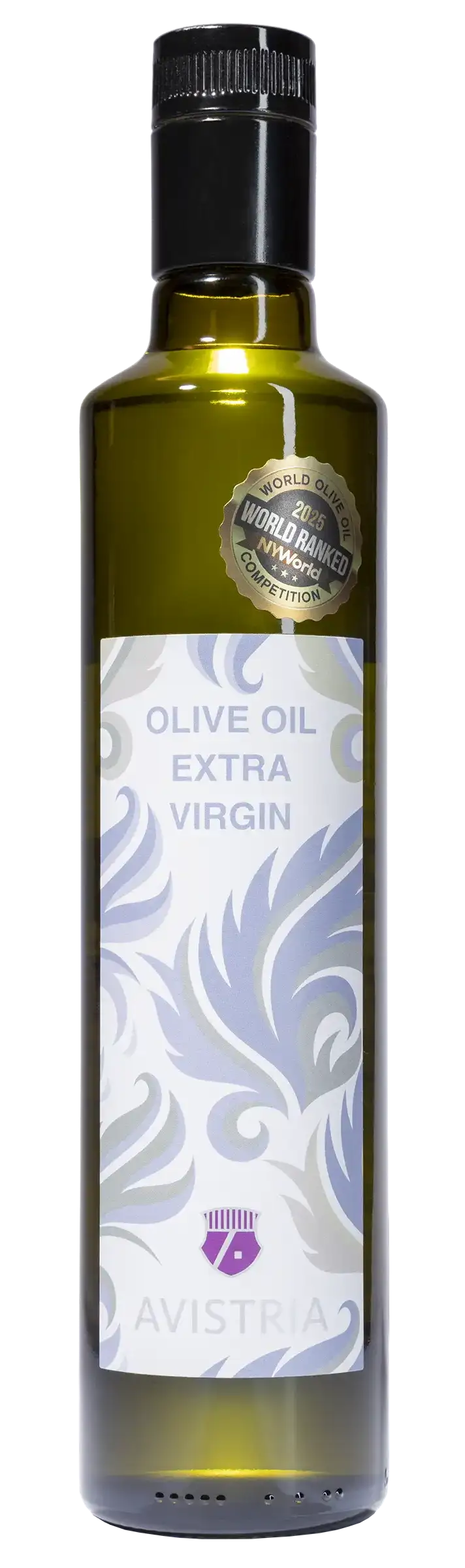 Flasche Olivenöl extra vergine mit Aufschrift „OLIVE OIL EXTRA VIRGIN“ und „WORLD RANKED 2026“